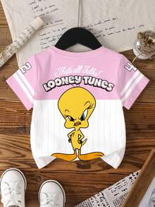 LOONEY TUNES X SHEIN Young Girl Casual Cute Colorblock Cartoon Print Round Neck Short Sleeve T-Shirt, Summer - White - View 2