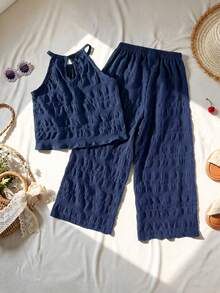 SHEIN Vintaside Kids 女童休閒簡約時尚日常圓領掛脖無袖短版純色紋理面料訂製綠色背心搭配彈性腰鬆長休閒長褲套裝，返校穿搭，夏季出遊與度假服飾 - 藏蓝色 - 查看 2