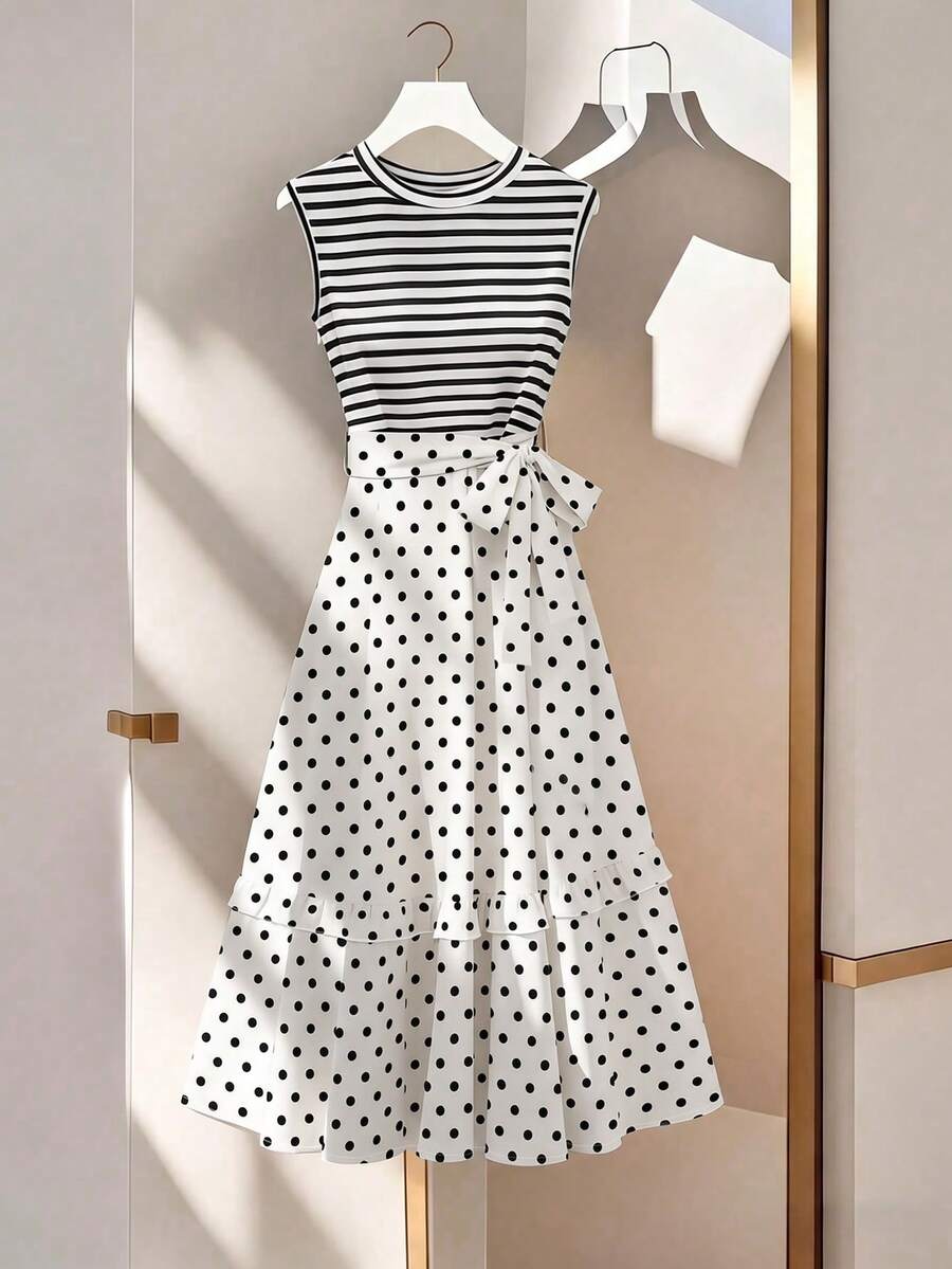 SHEIN Franclia Fashionable Women's Mid-Length Dress, Knitted Striped And Woven Solid Color Fabric, Ruffle Hemline. Sleeveless, Casual French, Elegant Brunch Summer - Multicolor - View 1