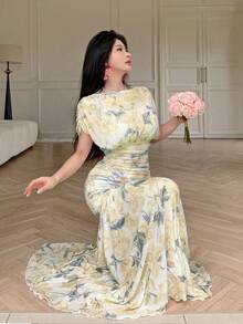 Modelyn 女款粉色網紗花卉印花夏季百褶優雅高雅時尚長洋裝，適合外出與晚宴派對 - 黃色 - 查看 7