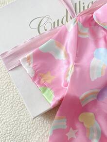 SHEIN Girls' Pink Rainbow Print Collar Open Front Short Sleeve Shorts Set Flame Retardant Loungewear - Pink - View 5
