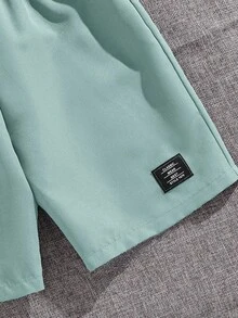 SHEIN 兒童青少年男孩休閒運動條紋圓領T恤與短褲兩件套，適合學校、日常休閒外出、運動，春夏穿著 - 墨綠色 - 查看 8