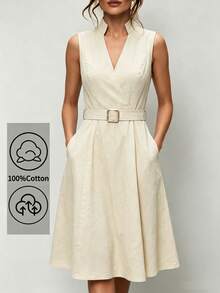 Uhlyne Uhlyne Navy Stand Collar Sleeveless Belted A-Line Cotton Blend Summer Commute & Casual Dress - Apricot - View 2