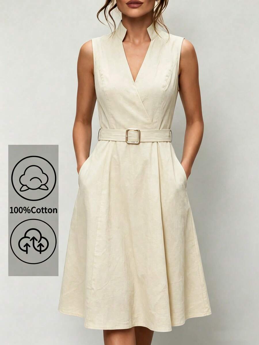 Uhlyne Uhlyne Navy Stand Collar Sleeveless Belted A-Line Cotton Blend Summer Commute & Casual Dress