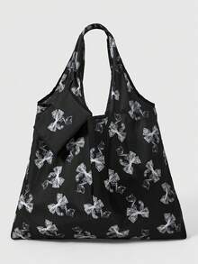 ROMWE Kawaii Fashion All-Over Bow Pattern Storage Bag, Large Capacity Portable Foldable Shopping Tote Bag With Coin Purse - Black and White - View 5
