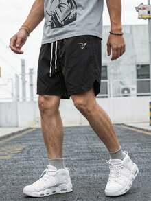 Gym Rark 男士幾何印花抽繩腰戶外運動短褲，健身、度假 - 黑色 - 查看 1