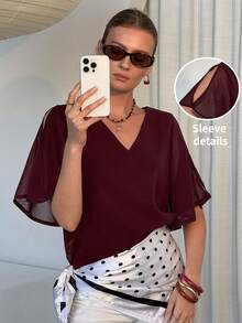 SHEIN Clasi 夏季休閒純色V領開衩袖雪紡上衣 - 紫色 - 查看 5