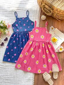 Elladie kids 2pcs/Set Young Girls' Blue Spring/Summer Cute Strap Waist A-Line Dress Set,Daisy Heart Print School Style For Outings,Matching Outfits For Sisters - Multicolor - View 5