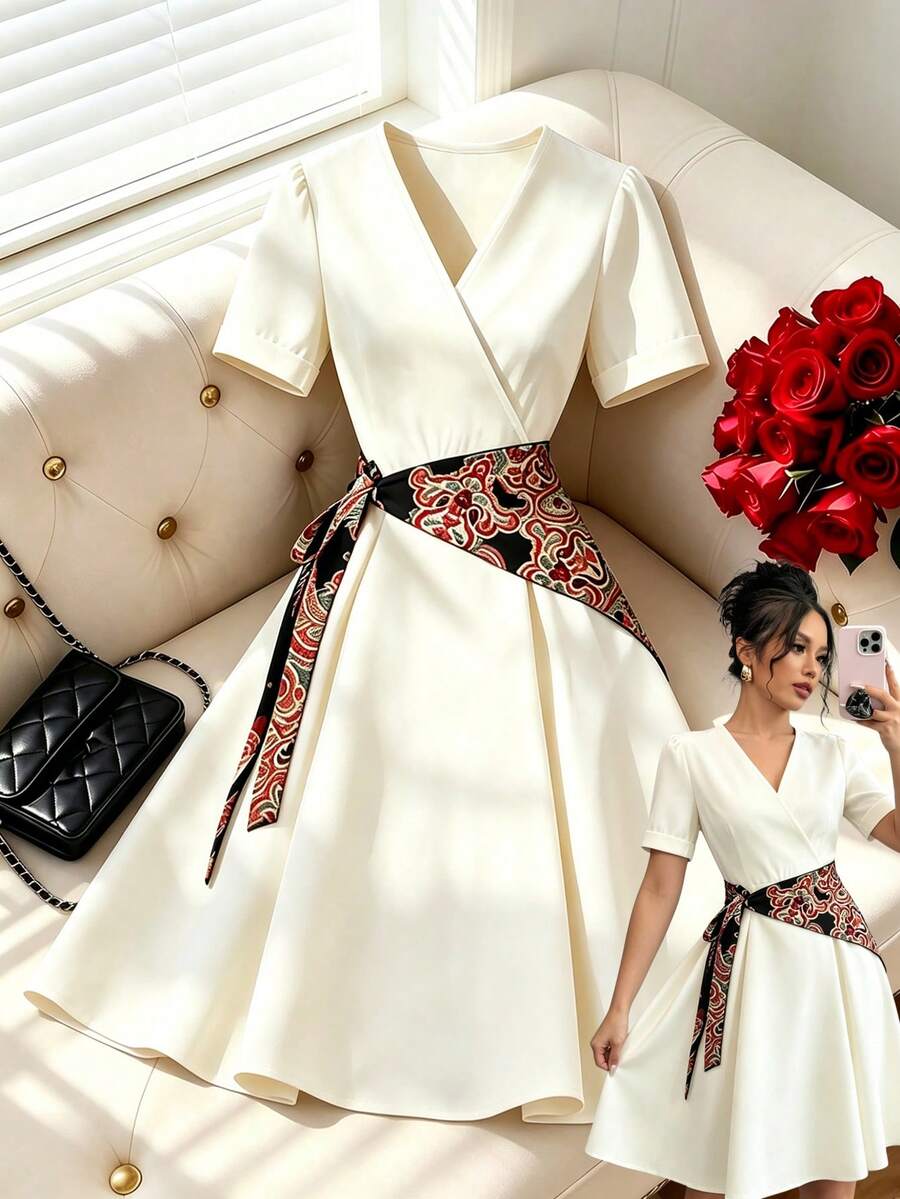 GlowEve Women's Overlap V-Neck Short Sleeve Patchwork Floral Print Side Waist Tie Elegant Frenchy Midi Dress Garden Party Pastel Summer - White - View 1