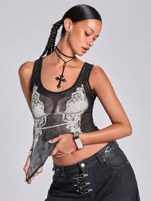 ACID BLVD Summer Vacation Y2K Lace Bralette Printed Sheer Mesh Racerback Crop Top - Black - View 3