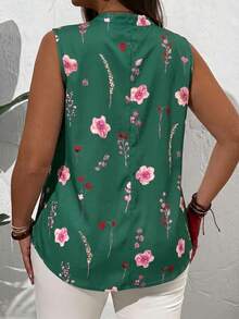 EMERY ROSE Plus Size Summer Countryside V-Neck Floral Printed Summer Sleeveless Blouse, Casual - Green - View 2