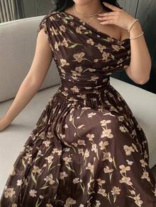 Feyla Plus Size Women's Floral Print Asymmetrical Shoulder Elegant Dress - Multicolor - View 4