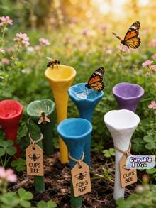 5-Piece Colorful Bee Watering Set With Wooden Base. Bee & Insect Water Station For Garden, Balcony And Planters, Practical Decorative Gardening Supply. - 1pc - View 1