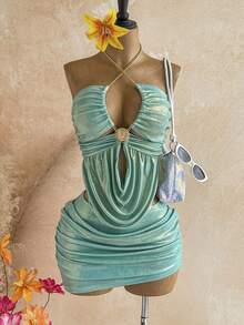 Soleia Set da donna da vacanza con texture metallica, top halter plissettato e gonna, sexy due pezzi - Verde - Visualizzare 6