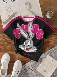 LOONEY TUNES X SHEIN Tween Girls' Casual Rabbit Print & Striped Patchwork Round Neck Short Sleeve T-Shirt, Summer - White - View 3