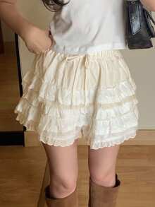 DAZY Quần short nữ phối ren thanh lịch, màu trắng, phù hợp mọi mùa. - Màu be - Xem 6