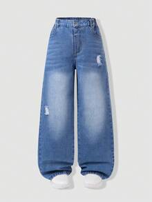 SHEIN 女童牛仔長褲 夏季新款復古街頭風休閒中藍色破洞水洗工藝彈性高腰寬鬆直筒褲 柔軟親膚精紡棉牛仔面料 日常百搭 適合搭配衛衣T恤 校園出遊 日常穿搭 復古風牛仔長褲 - 中等水洗藍 - 查看 5