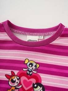THE POWERPUFF GIRLS X SHEIN 1件女童休闲圆领条纹卫衣，适合外出和日常穿着 - 彩色 - 查看 4