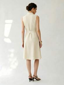 Uhlyne Uhlyne Navy Stand Collar Sleeveless Belted A-Line Cotton Blend Summer Commute & Casual Dress - Apricot - View 3