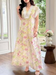 Al Najma 春夏優雅花卉印花拼接蕾絲飾邊短袖長洋裝女款 - 彩色 - 查看 5