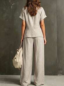 SHEIN Holidaya Summer Women's Vacation Casual Commute Daily Work Gathering Comfortable Minimalist Style Linen Short Sleeve Cardigan Jacket Long Pants 2 Pieces Set - Khaki - View 4