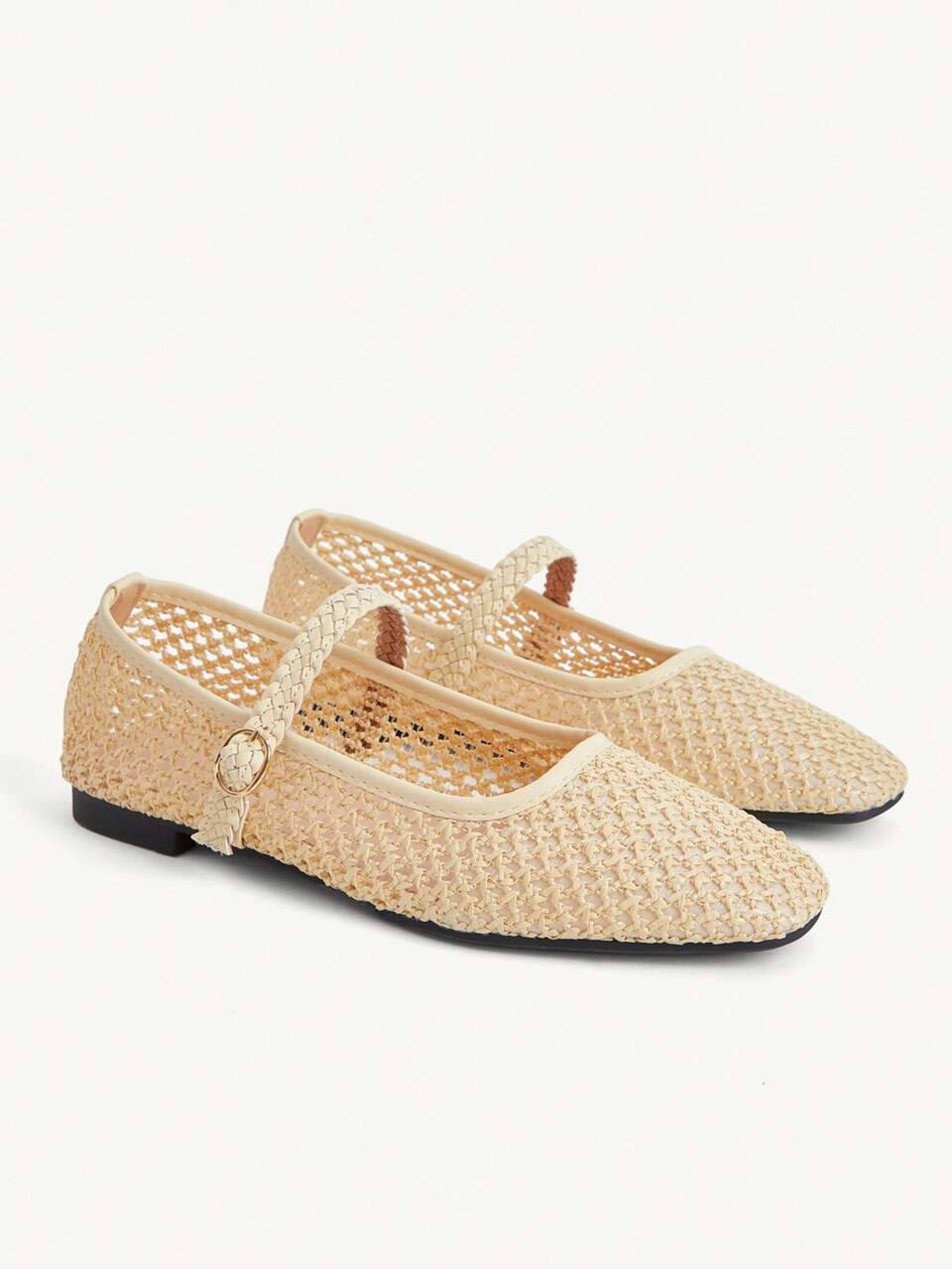 CUCCOO CHICEST Woven Hollow Mary Jane Shoes, Square Toe Buckle With Flat Shoes, Breathable And Versatile Casual Women's Shoes In Summer