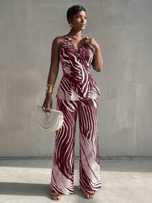 BamGlimmer Women's Zebra Print Single-Breasted Halter Neck Vest And Pants Casual Elegant Two Pieces Set Night Ibiza White Summer - Burgundy - View 6