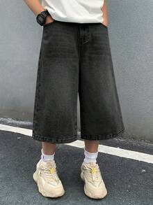 SHEIN 兒童青少年男孩口袋鈕扣休閒街頭風百搭日常穿著校園牛仔長褲返校深色水洗夏季 - 黑色 - 查看 3