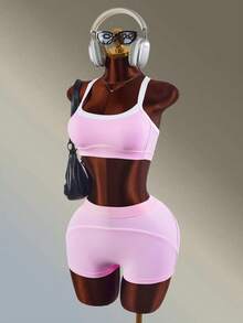 Amplova Damen Farbblock BH und Shorts Sport Set - Pink - Übersicht 3