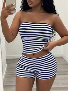 Slaydiva 新款春夏街頭風性感休閒修身黑白條紋 - 藏蓝色 - 查看 11