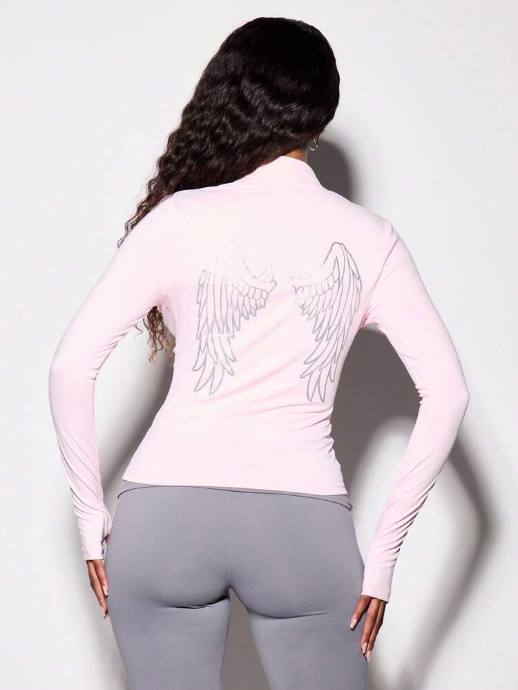 BABYPHAT Angel Wing Graphic Crop Zip-Up Long Sleeve Top With Logo Detail
