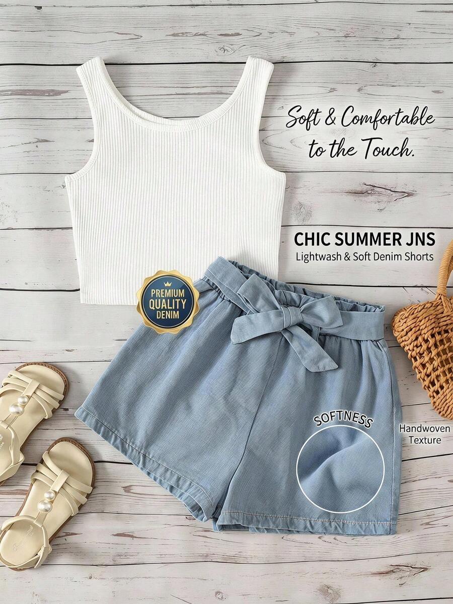 SHEIN Tween Girl White Ribbed Crew Neck Tank Top And Lace-Up Denim Shorts 2-Piece Set - White - View 1