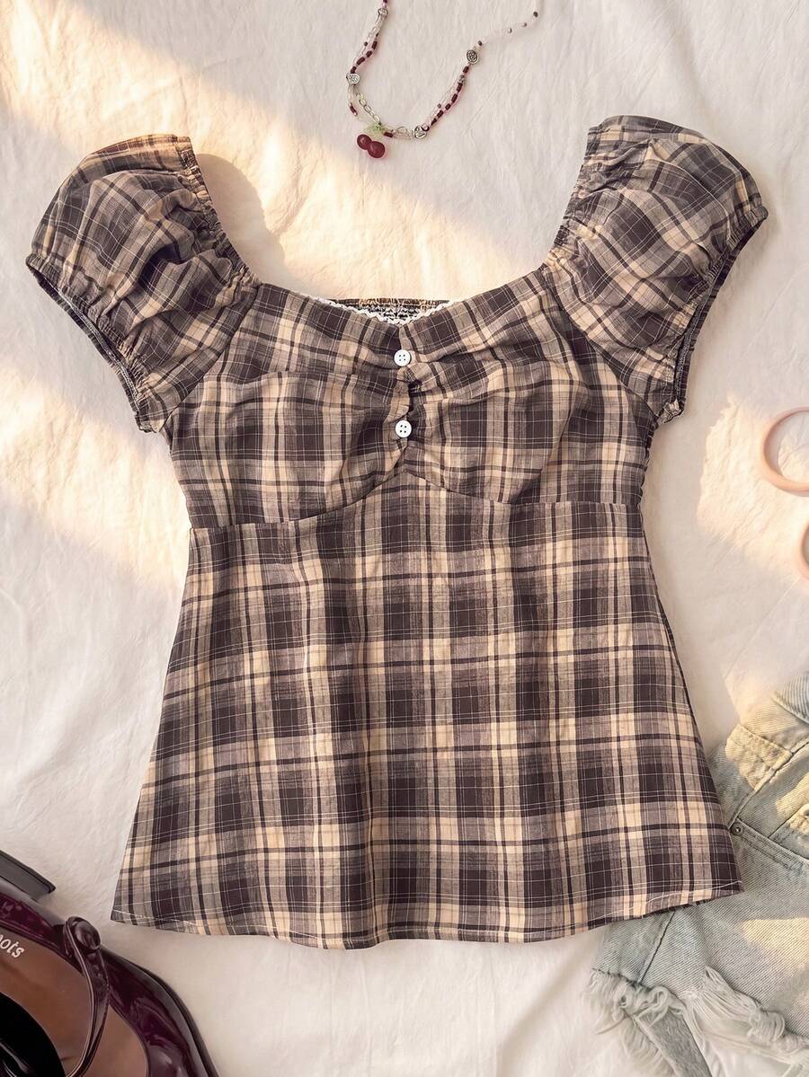 SHEIN Tween女孩休閒簡約舒適後綁帶格紋襯衫 - 咖啡棕 - 查看 1