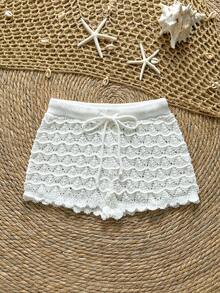 Soleia Knitted Crochet Drawstring Hollow Out Slim Fit Bow Shorts - White - View 3
