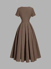 Skyraze Apricot Pleated Midi Dress With Collar,Summer Dresses For Women - Khaki - View 3