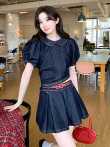 DAZY Women's Collared Washed Korean Style Denim Top And Pleated Skirt Casual Denim Set School Summer - Blue - View 6