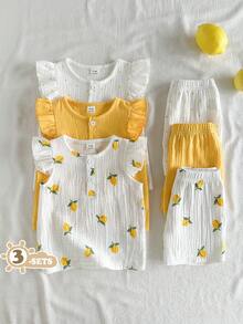 SHEIN Vintaside Kids 女嬰 6件/3套田園休閒風檸檬波點圖案荷葉邊飛袖圓領上衣與配套印花短褲多件套裝，適合日常穿著、外出與度假 - 彩色 - 查看 1