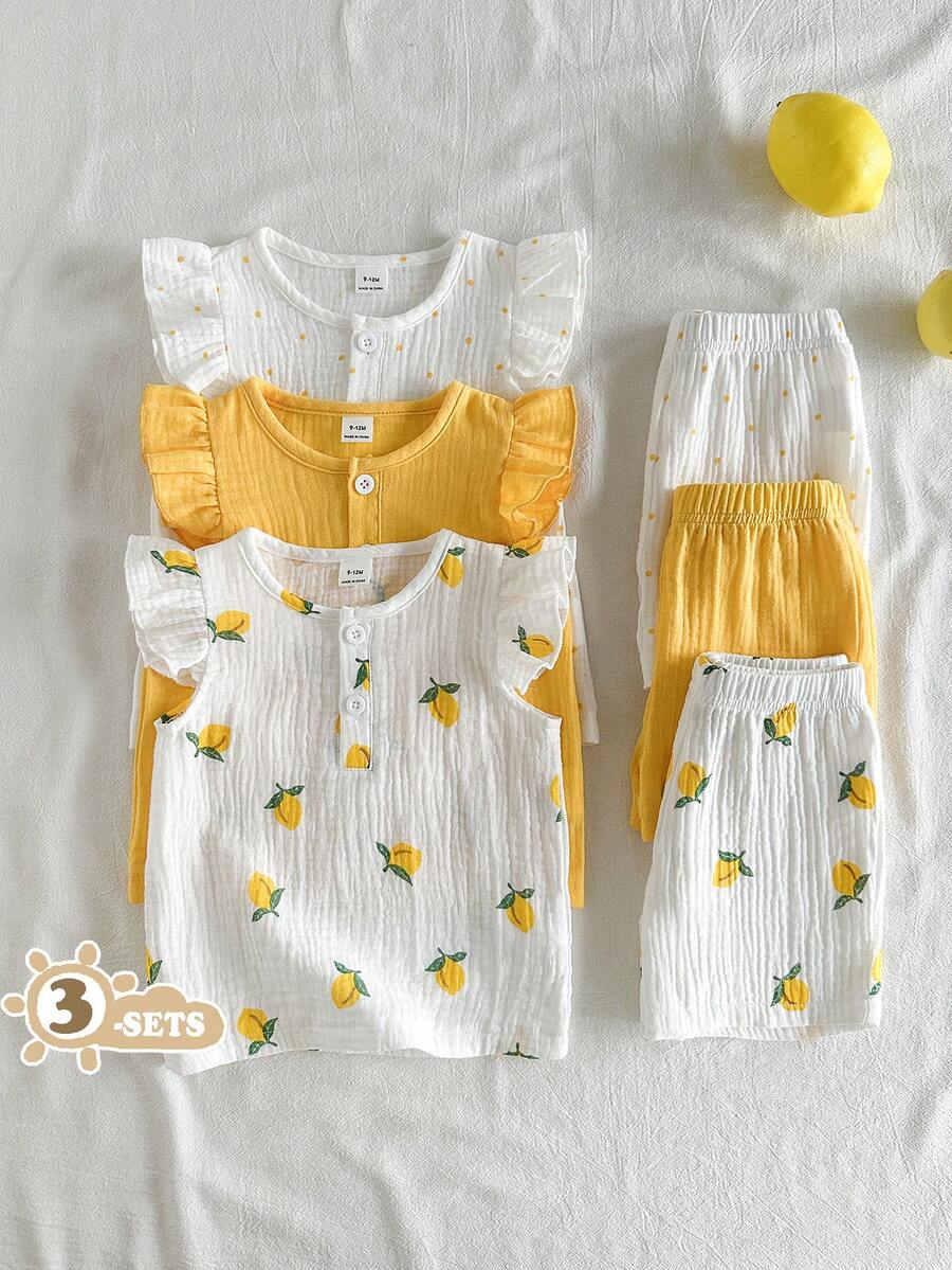 SHEIN Vintaside Kids 女嬰 6件/3套田園休閒風檸檬波點圖案荷葉邊飛袖圓領上衣與配套印花短褲多件套裝,適合日常穿著、外出與度假 - 彩色 - 查看 1