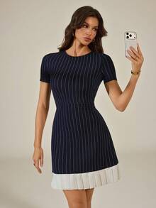 SHEIN Tall 2026 Spring/Summer Vacation Collection: New Blue Striped Round Neck Pleated Patchwork Mini Dress. This Sexy Dress Is Perfect For Wearing At Home - Blue - View 5