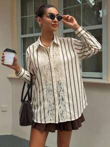 DAZY 女款法式休閒寬鬆紅白條紋2合1襯衫，適合辦公室與早午餐，藍白配色，秋季教師節長袖上衣 - 淡黃色 - 查看 4
