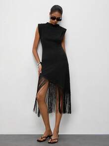 Maija Vestido midi de mujer con cuello alto, hombros anchos, bajo empoderador, flecos asimétricos, estilo vintage old money, estilo maestra, romántico, versátil, para verano, fiesta, playa, vacaciones, salida, ceremonia de graduación, blusa elegante, camisa casual, atuendo formal, trabajo, oficina - Negro - Ver 8