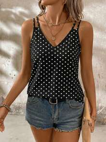 EMERY ROSE Casual Simple Black Polka Dot Pattern Plus Size Women's Camisole Tank Top Suitable For Summer - Black - View 6