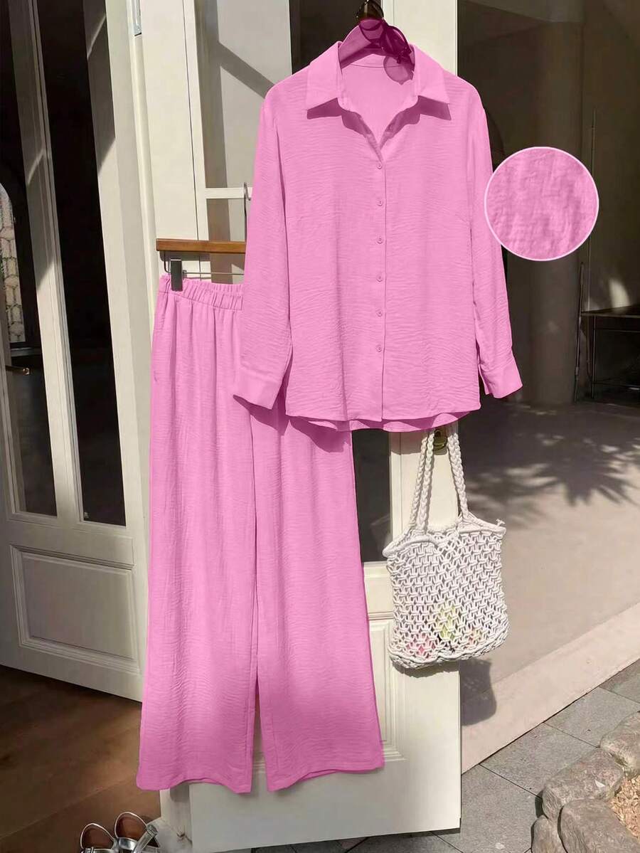 SHEIN EZwear 大尺碼女款素色單排扣長袖襯衫與長褲休閒日常套裝 - 淺粉色 - 查看 1