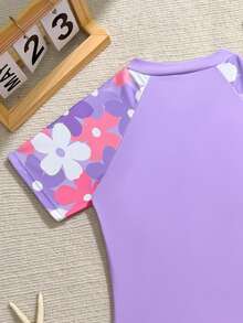 SHEIN 青少年女孩度假花卉印花插肩袖短袖短褲休閒坦基尼套裝 - 淡紫色 - 查看 4