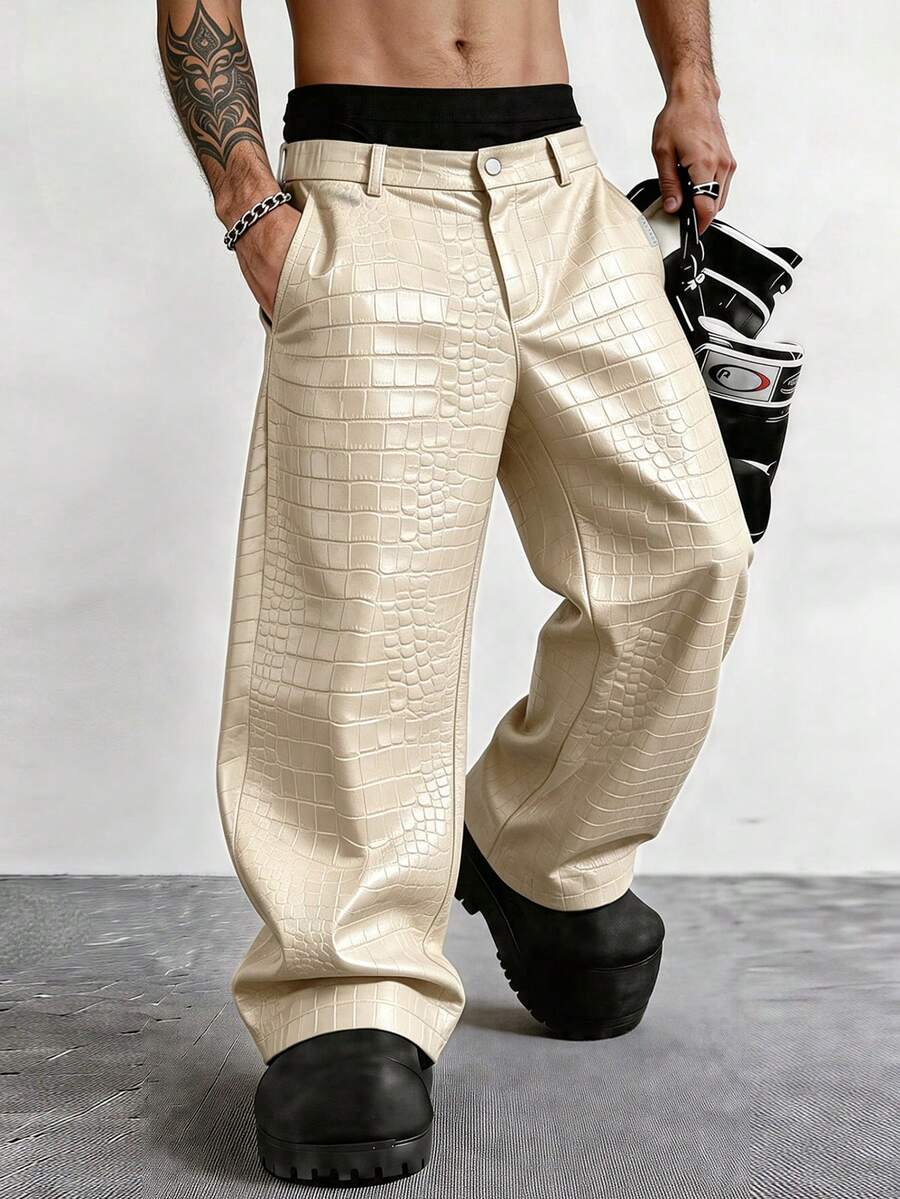 PAVTROS Men's Street Style Crocodile Embossed PU Leather Loose Fit Cargo Pants Wide Leg - Beige - View 1