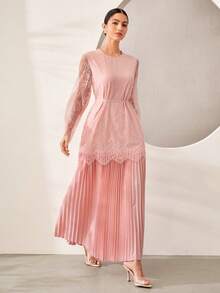 Graceveil Elegant Lace Pleated Long Sleeve Round Neck Arabian Dress, Pink, Suitable For Women, Spring/Summer Clothing - Pink - View 4
