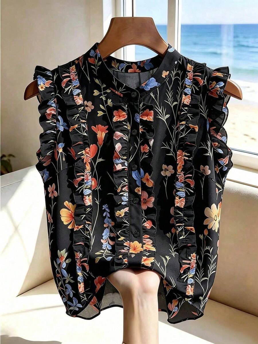 SHEIN 复古法式波点无袖上衣。印花面料,质地光滑。 - 黑色 - 查看 1