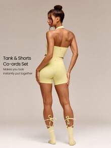 GLOWMODE 2 Pieces FeatherFit™-Sculpt Super Set Adjustable Halter Sports Tank Top & 4.3" Y-Shaped Butt Crossover Waist Active Shorts Set Medium Impact Workout Jogging Gym Training - French Vanilla - View 2