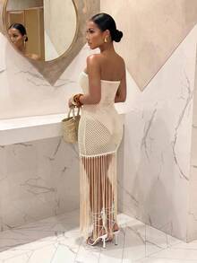 Slaydiva White Strapless Crochet Mesh Hollow Out Fringe Hem Maxi Dress - Sexy Boho Beach Vacation Club Dress Summer - Apricot - View 9