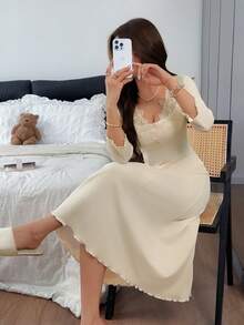 Napfluff Heavy Embroidery Collar Decoration V-Neck Lettuce Edge Dense Trim Small Opening Front Women's Mid-Length Short Sleeve Nightgown - Apricot - View 4